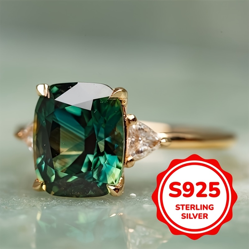 

Elegant Vintage Style Engagement Ring For Women, 925 Sterling Silver With Synthetic Green Gemstone, Side Stones, Anniversary Accessory Gift Without Box