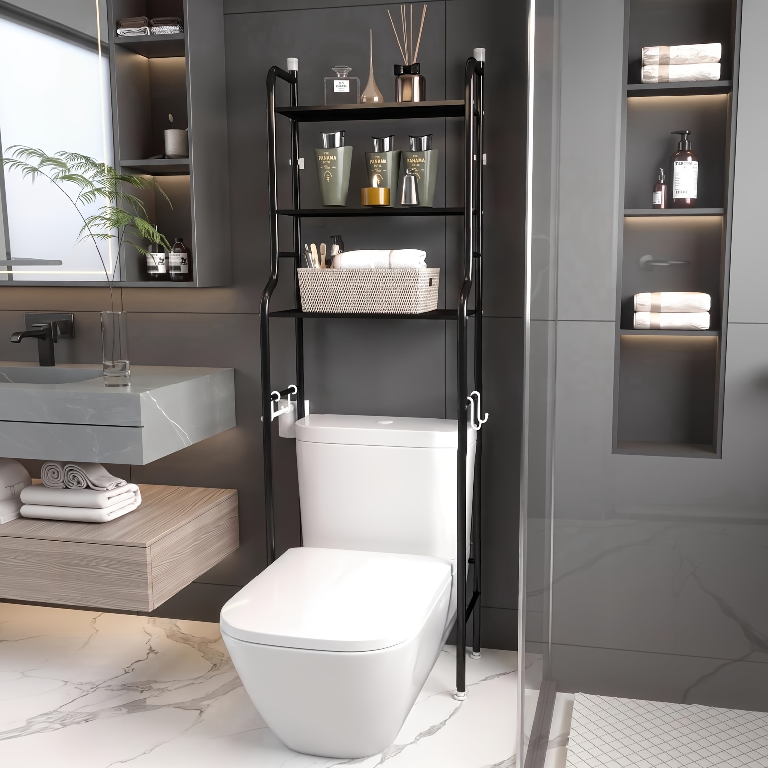TEMU Storage Rack Above The Toilet -3-layer Storage For Toilet Paper, Towels, And Bathroom Items - Modern And , For Drilling, Comes With Installation