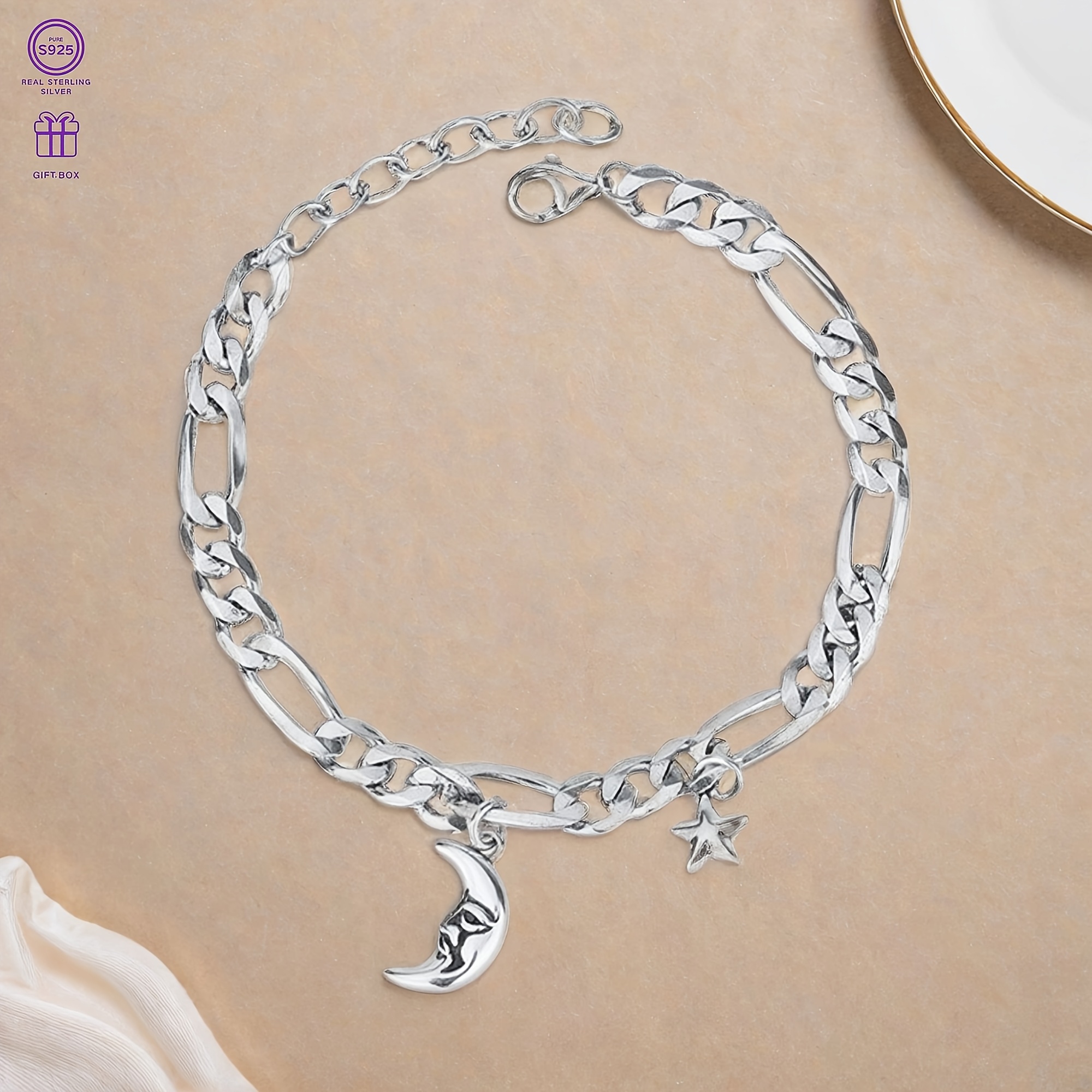 S925 Silver Moon & Stars Pendant Bracelet
