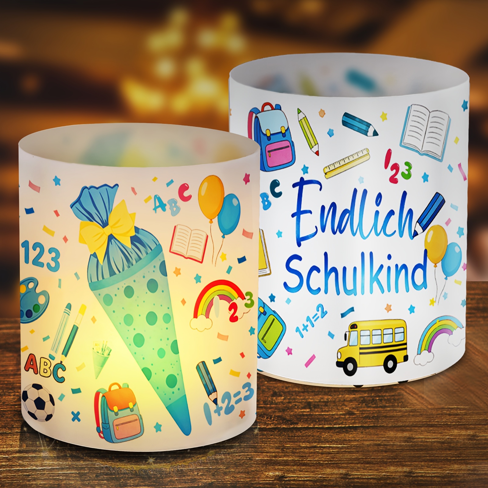 Image of 8pcs Blue Schulkind Lampshade Backpack School Bus Cartoon Design Suitable For Back To School Parties, , Classroom Desktop Atmosphere Decoration, And First Day Of School Desktop Decoration