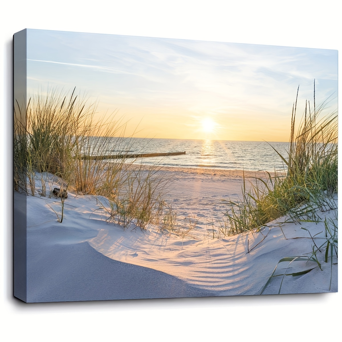 TEMU 1pc Framed Beach Wall Art - Ocean Sunset Canvas Print With Wooden Frame, Ready To Hang Coastal Decor For Living Room, Bedroom, Or Bathroom,