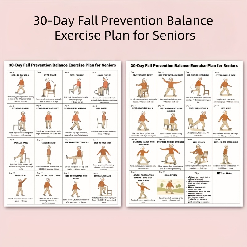TEMU 2pcs Set Of 30-day Balance Exercise Plan Chart Posters , Featuring Exercises From Sitting To Standing Positions, Suitable For Elderly And