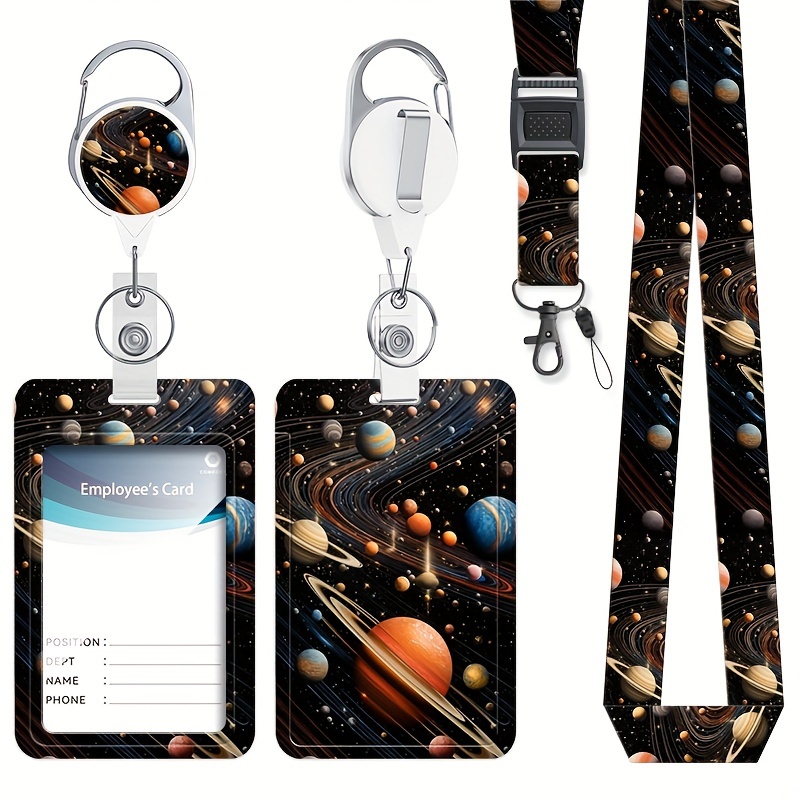 Starry Night Badge Reel Card Holder Moon and Stars Lanyard Black