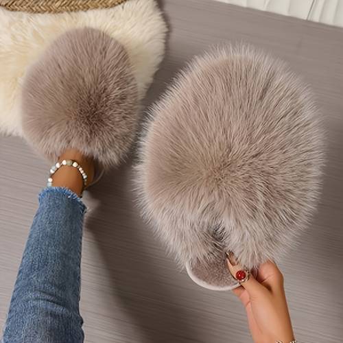 ladies fashion flat faux fur slippers solid color fabric upper and sole tpr sole women shoes