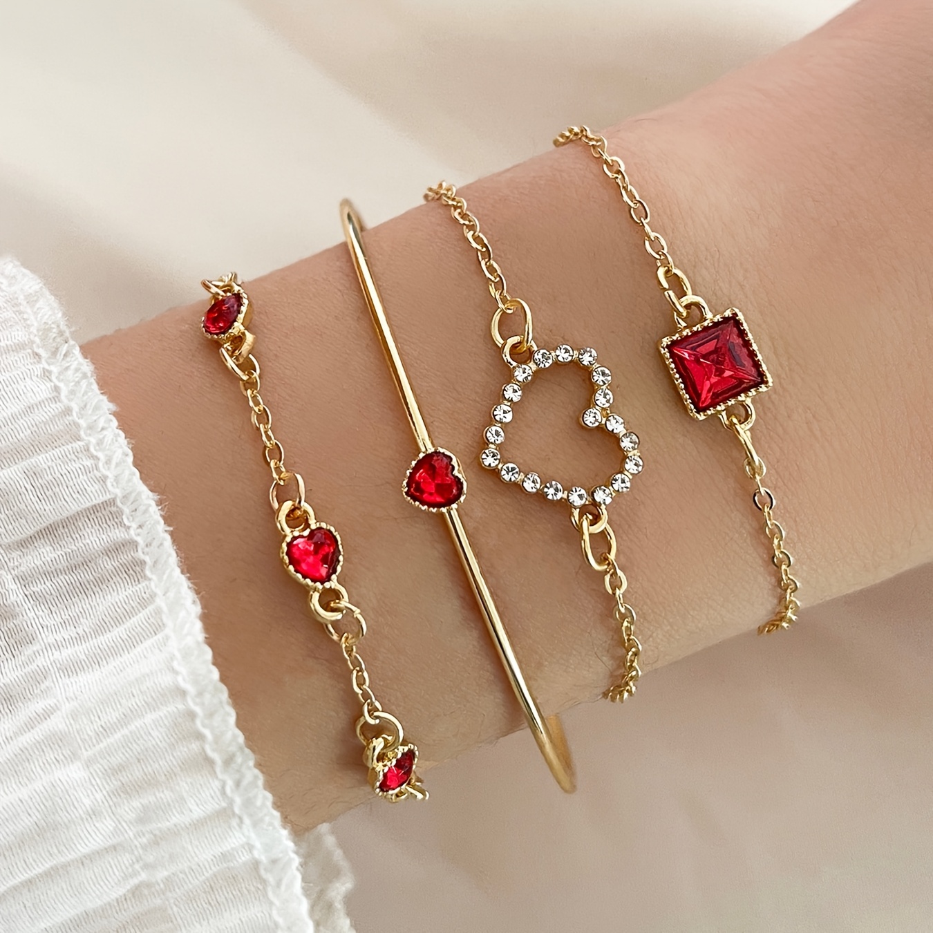 

4pcs Elegant & Sexy Alloy Bracelet Set With Accents, Heart & Square Charms, For And Vacation - All Collection