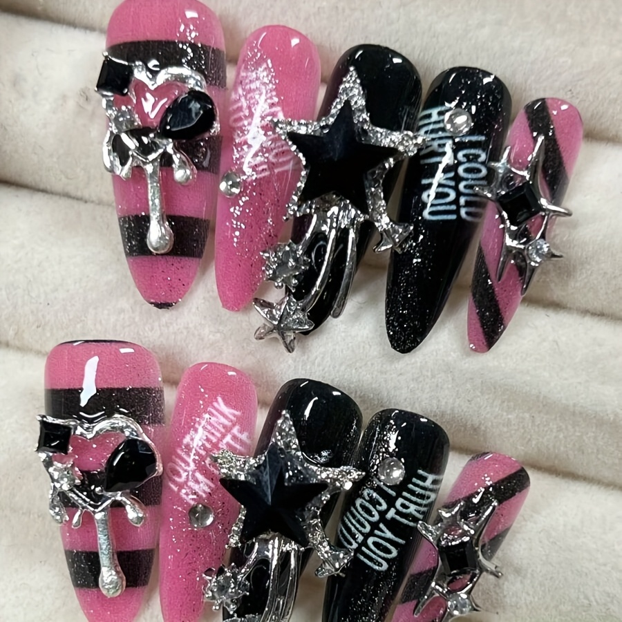 E-shop 10 Stück handgedruckte mandelförmige Nägel, Sommer-Nagelkunst, schöne künstliche Nägel, DIY, Sterne, Streifen, schwarze rosa Nagelpailletten,