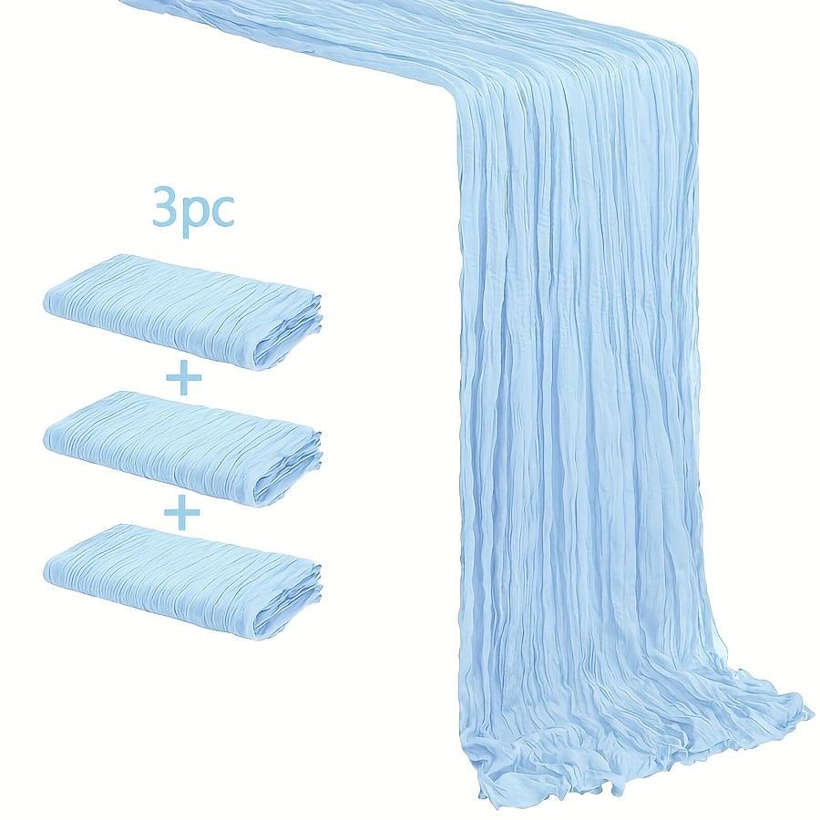 TEMU 3pcs Sky Blue Gauze Table Runners - Romantic Bohemian Wedding, Bridal Party Decor, Elegant Rectangular Polyester Fabric Tablecloth