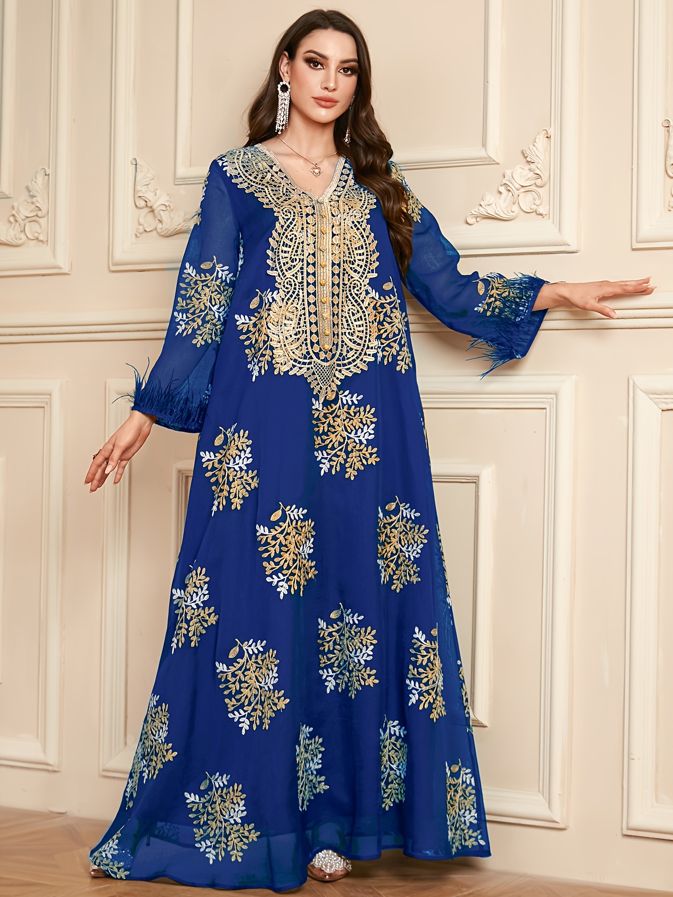 arabian style v neck lace trim snowflake print long dress - Temu