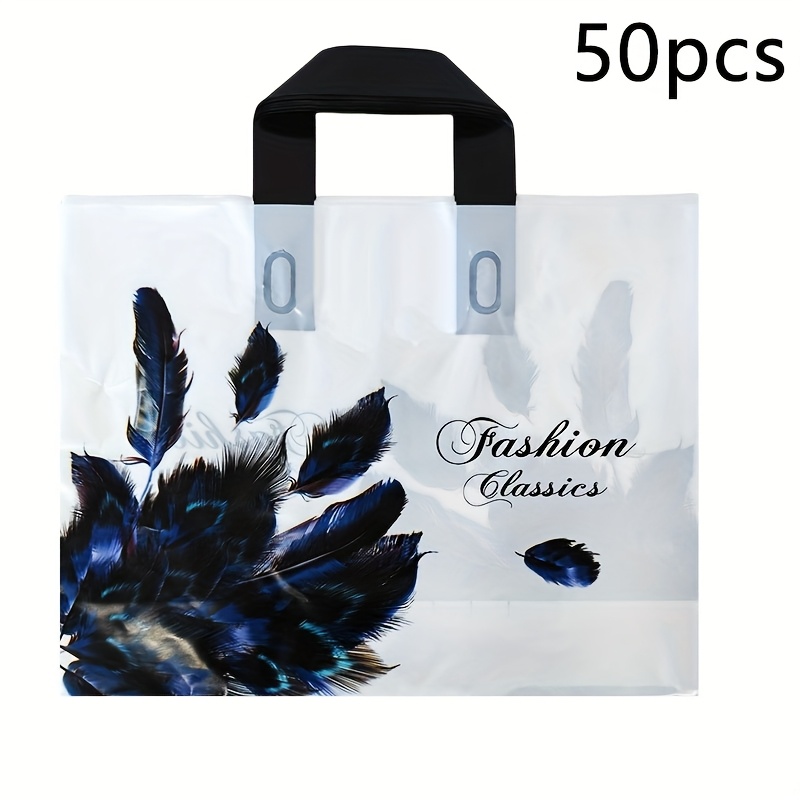 TEMU 50 Premium Gift Bags - Elegant Feather Print With "fashion Classics" Text, Polyester Tote Bags For Weddings, Birthdays & Events - Small