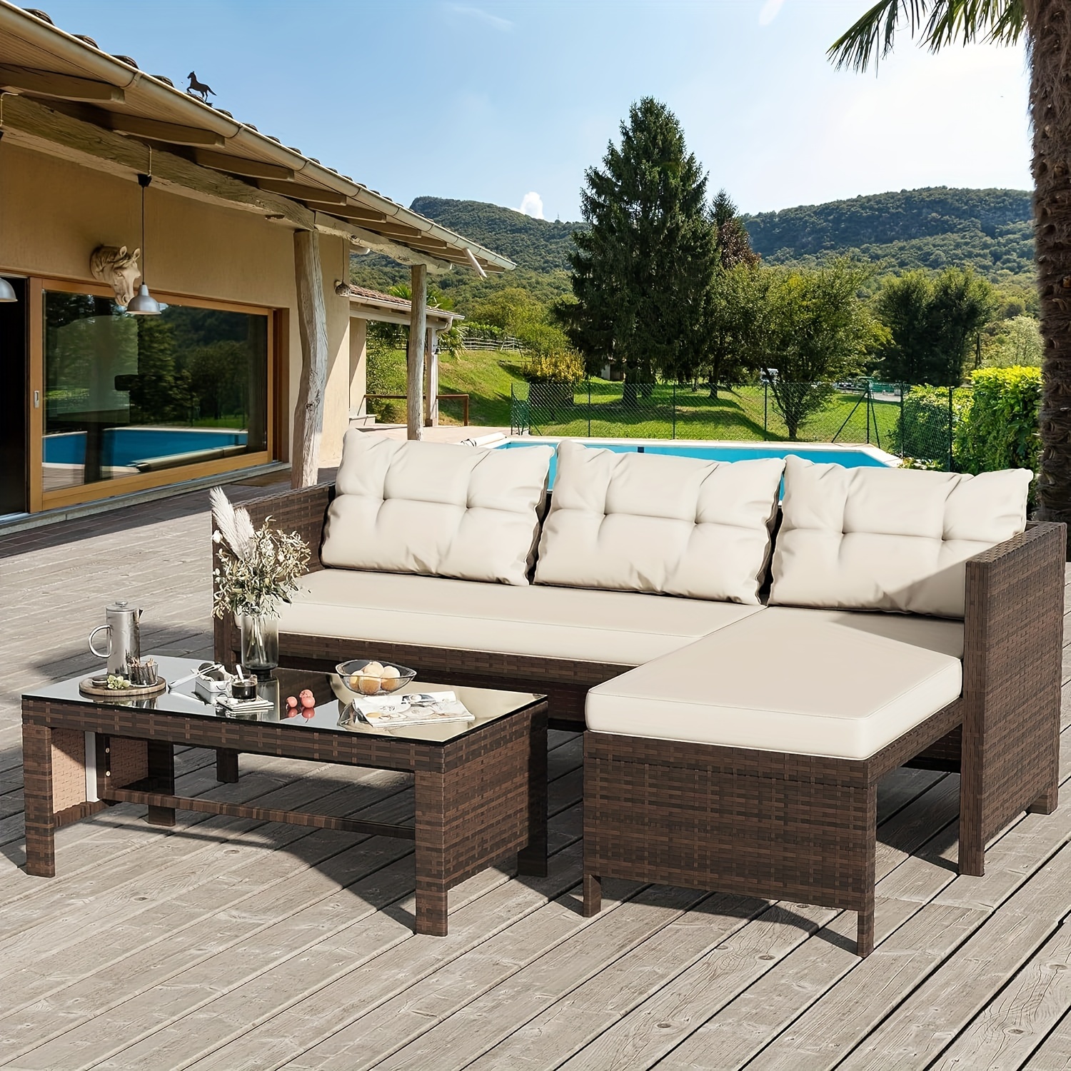 

Jamfly Outdoor Patio Furniture Sets, Wicker Patio Sectional Sets 3-piece, All Weather Wicker Rattan Sofas With Glass Coffee Table And Cushion