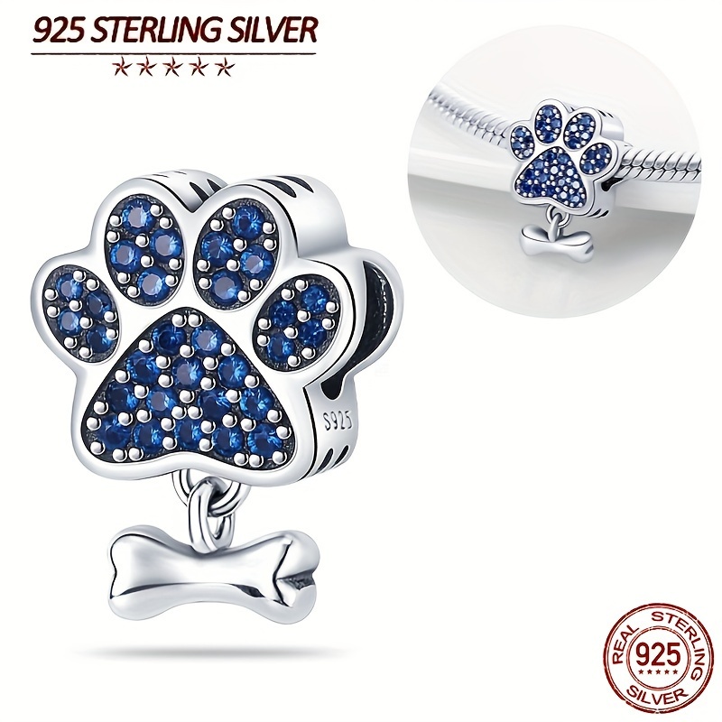 

925 Sterling Print Charm With Crystals, Dog Bone Pendant Compatible With Charm Bracelets - 1 Piece