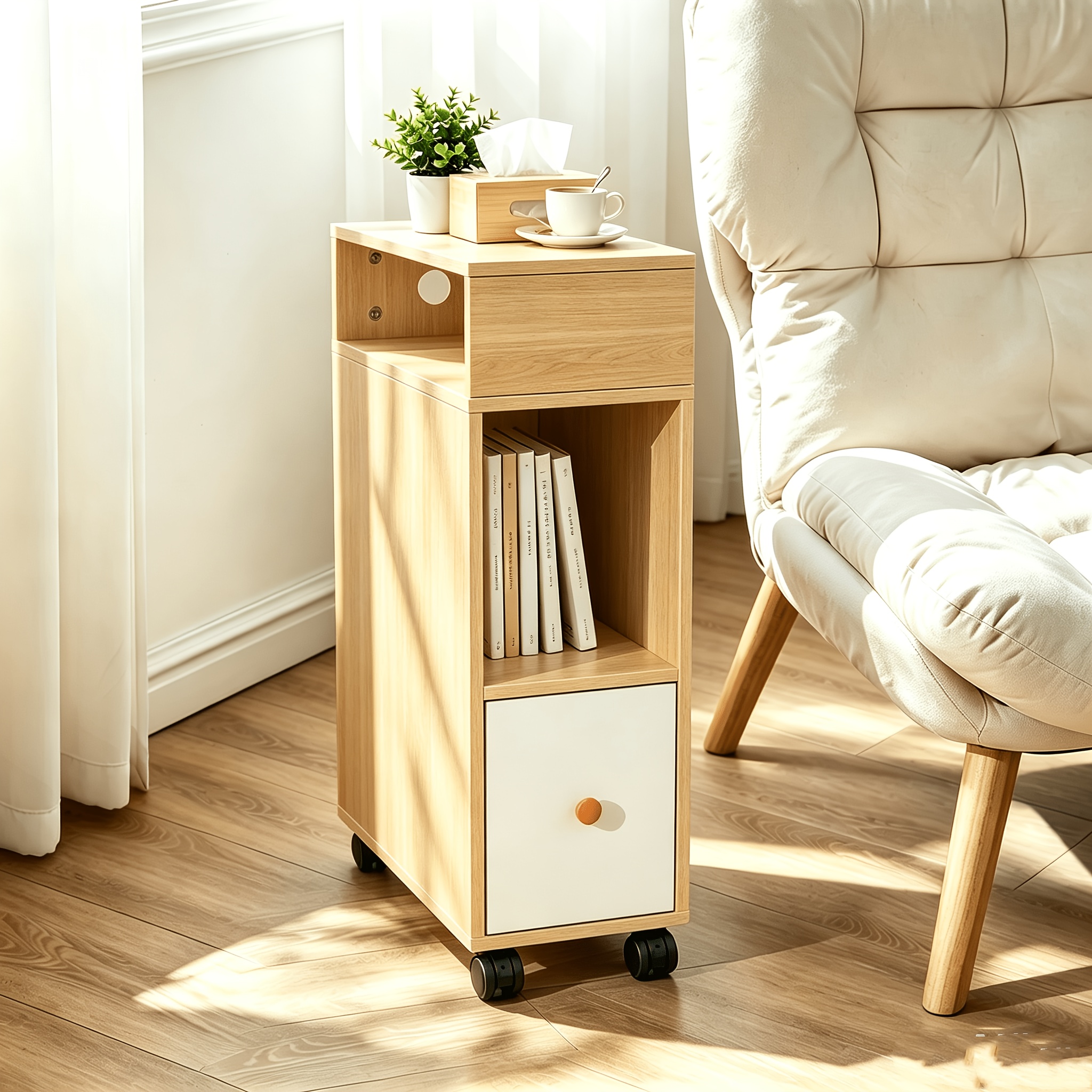 Narrow Bedside Table (25cm), Side Table With Wheels, Storage Cabinet And Drawers, Narrow, Mobile Coffee Table, Lockable Castors, Suitable For Living Room And Bedroom, 77 X 50 X 25cm, Light