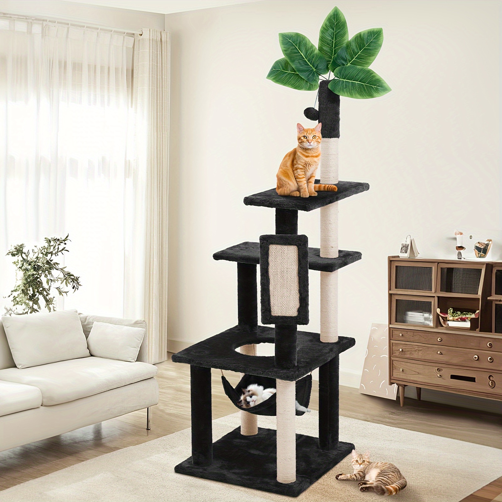 

Tscomon 61" Cat Tree For Indoor Cats With Green Leaves, Multi-level Large Cat Tower For Indoor Cats With Hammock, Toy And Cat Sisal Scratching Posts Cat Furniture, For Living Room, Bed Room, Kitchen