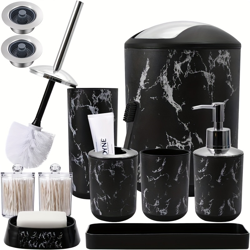 TEMU 5/9pcs Marble Patterned Bathroom Set, Including Mouthwash Cups, Toothbrush Holder, Soap Dispenser, Soap Box, Tray, Toilet Brush, Trash Can, And