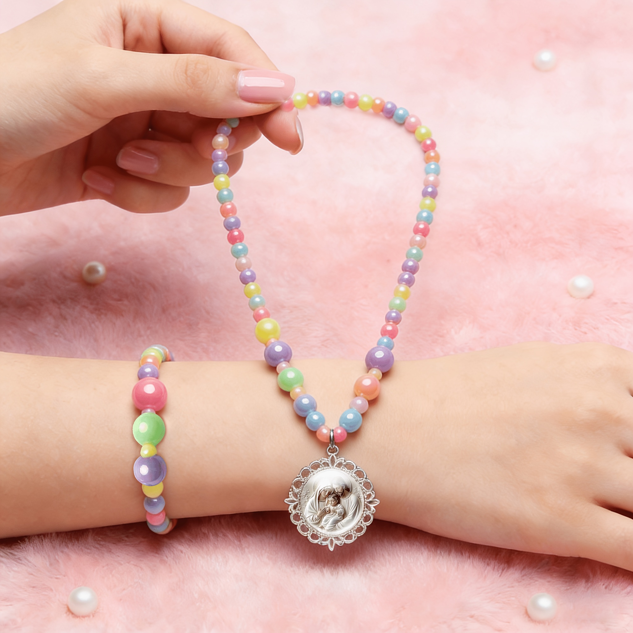 2pc Holy Family Necklace & Bracelet Set, Assorted Colors