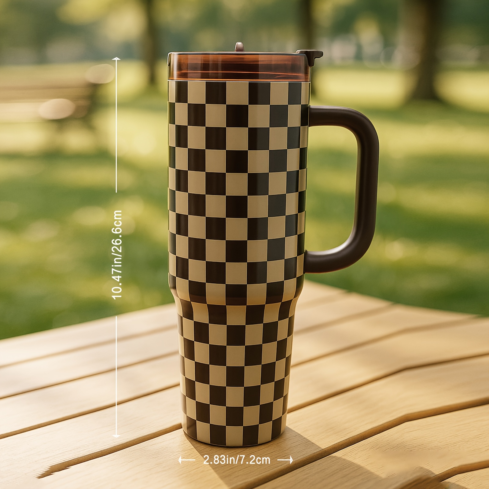 TEMU 1pc 40oz Checkerboard Stainless Steel Tumbler With Handle And Lid, Hot For 12 Hours, Cold For 24 Hours. Leak-resistant, Large Capacity For . For