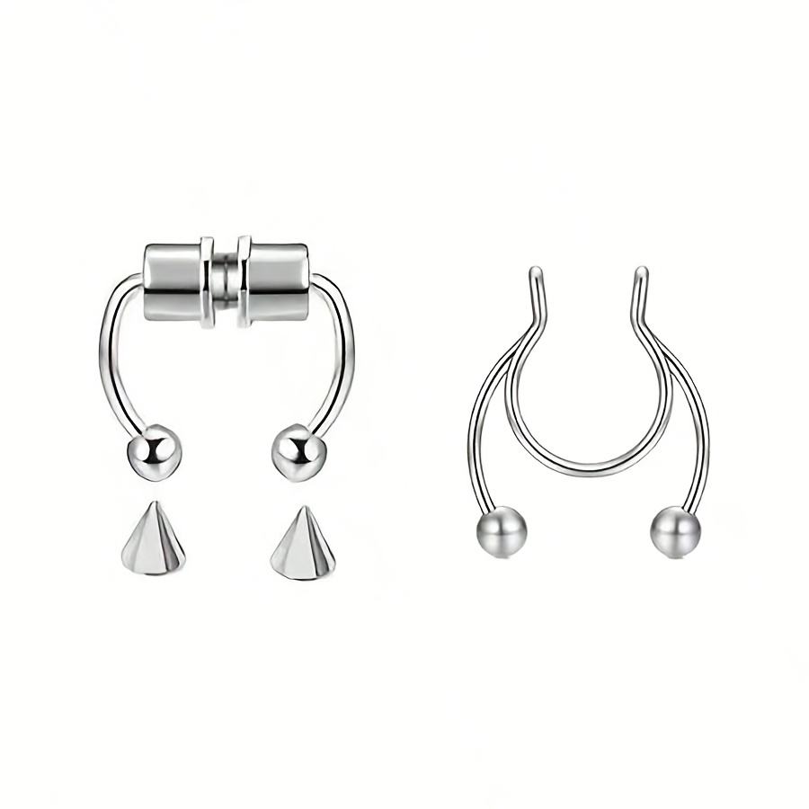 Image of 2/4pcs Double Ball Fake Piercing Nose Ring, Stainless Steel Fashion Punk Non Piercing Nose Clip Perforation Nasal Septum Body Jewelry For Women Men