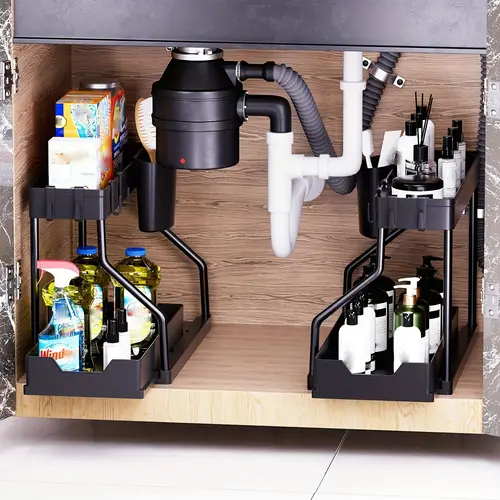 2pcs under sink organizer with sliding shelves durable metal construction black plastic storage baskets for bathroom kitchen cabinets space saving adjustable shelves multi purpose adjustable organizer sleek