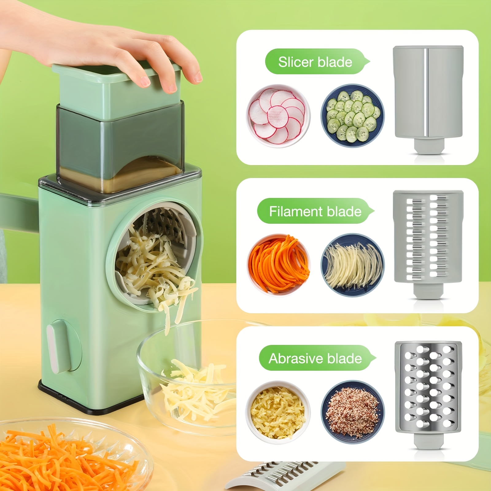 2025 Manual Rotating Slicer - No Power Required, Durable Plastic Multifunctional Tool for Slicing, Shredding & Grating (Vegetables, Cheese), Replaceable Blades &  ,   for Home & Professional Kitchens, Vegetable Slicer And Grater, Kitchen Gadget,   Material