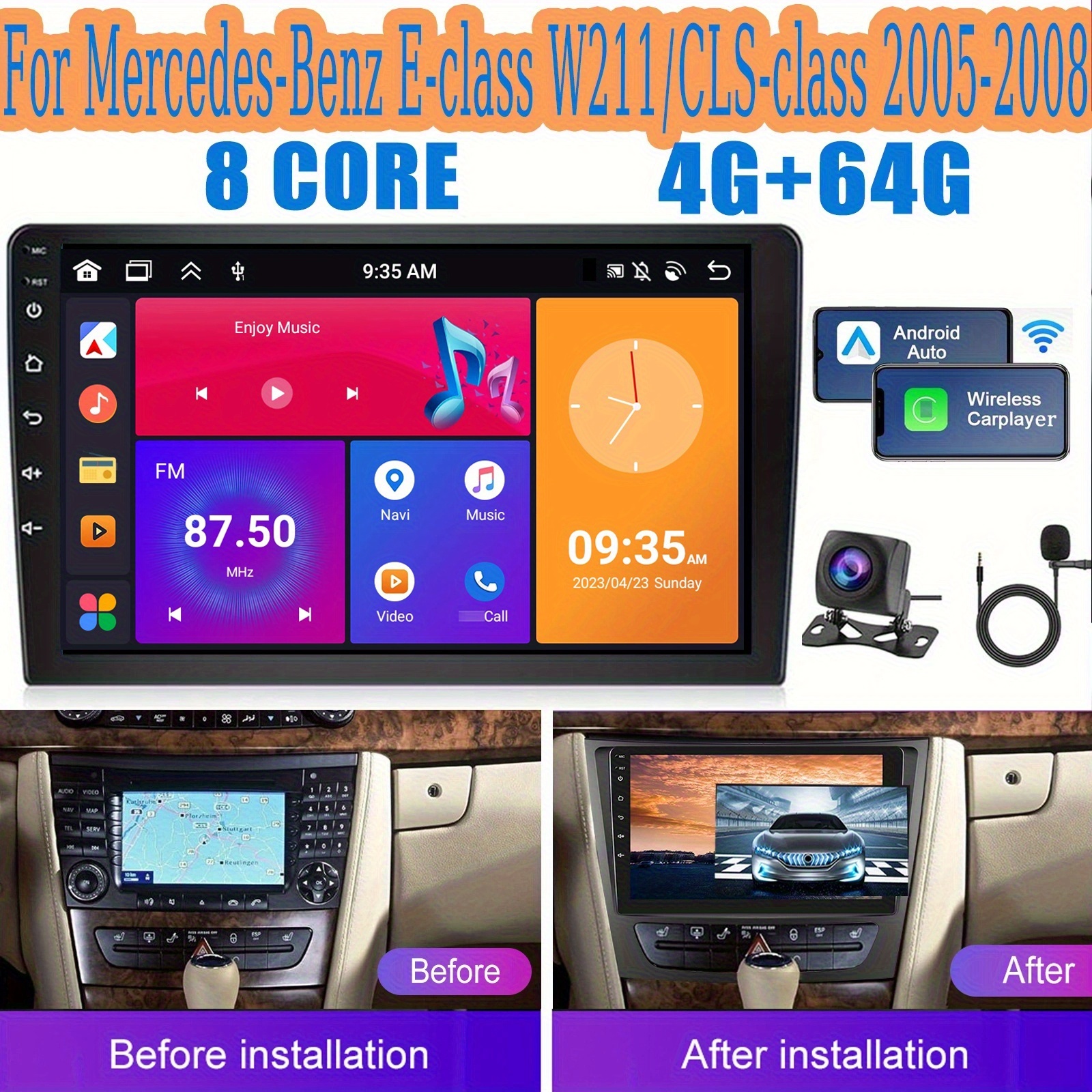 PODOFO 13 radio, združljivo z Mercedes-Benz / 2005-2008, 9" 2 DIN zaslon na dotik z brezžičnim CarPlay/ Auto, GPS, brezžično, WiFi, DSP RDS