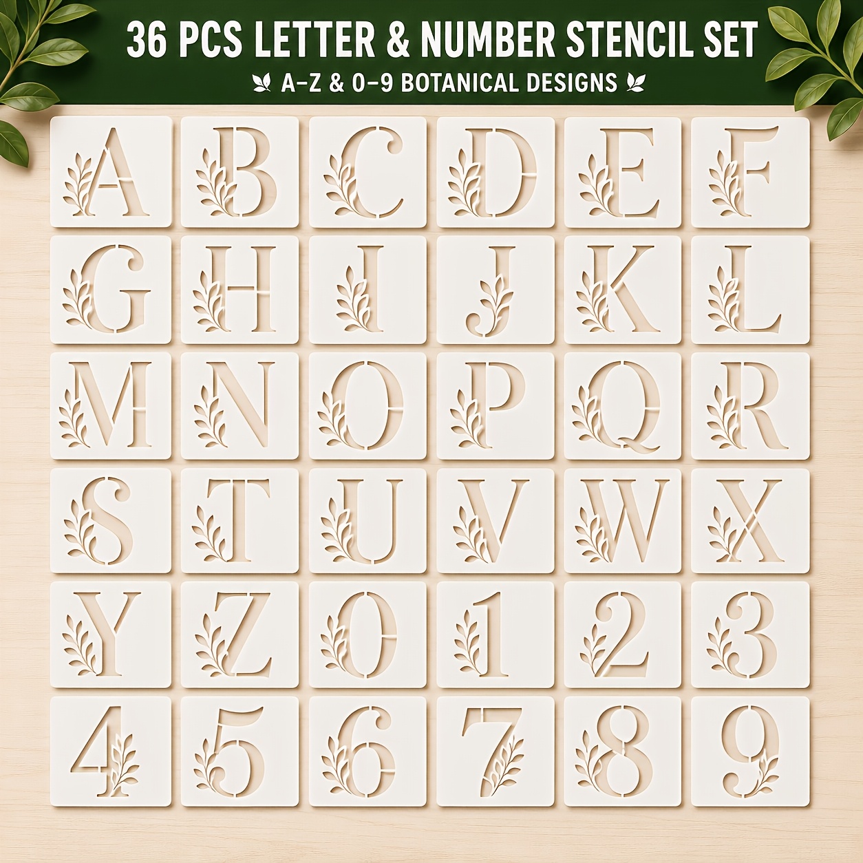 TEMU 36pcs Plant Alphabet Number Hollow Painting Template Set - A-z And 0-9 Retro Floral Leaf Pet Spray Transfer Templates For Fabric, Flower Pots,