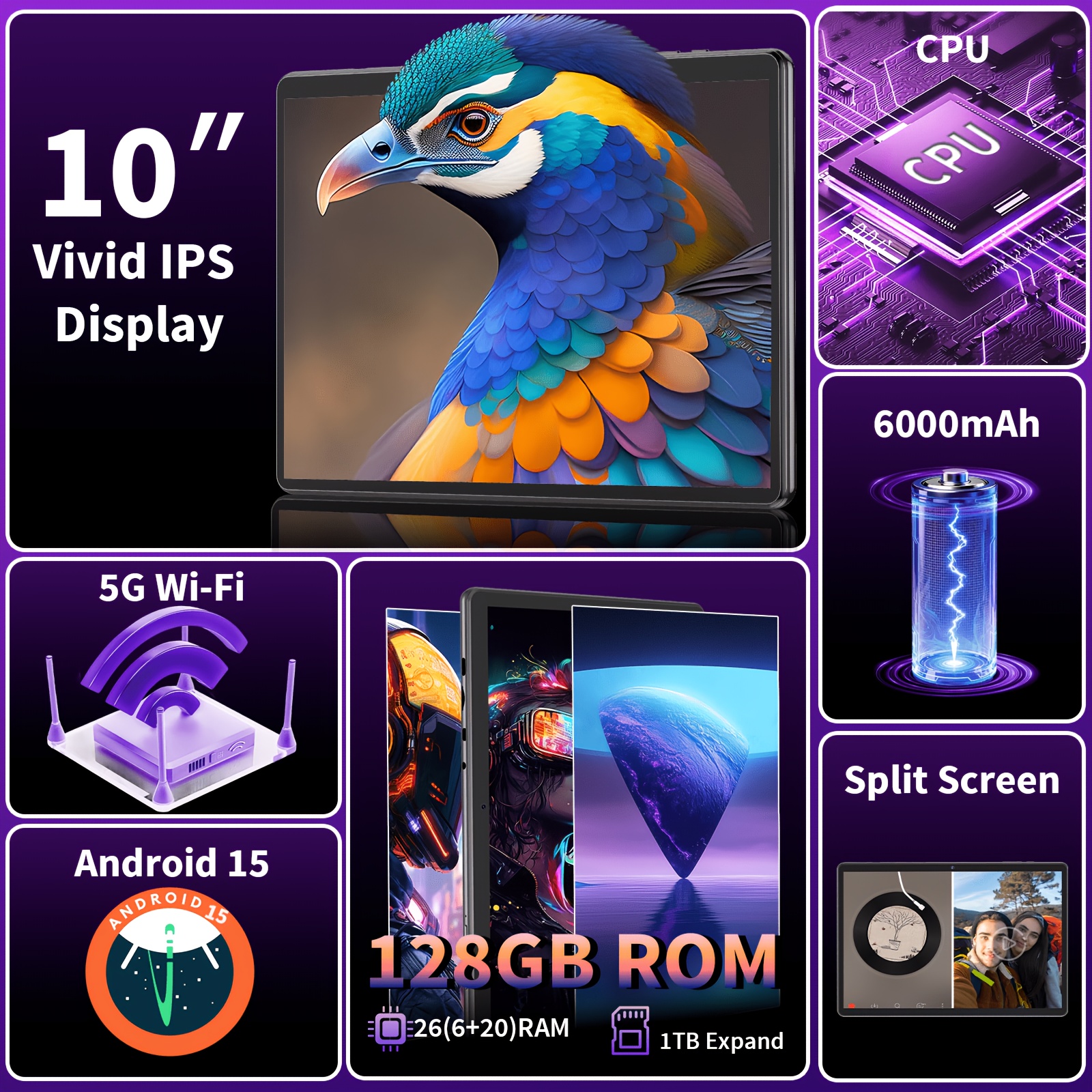 26GB (6+20) RAM And 128GB ROM New Tablet PC, 1TB SD Expansion, 1280X800 HD IPS, GMS, Wi-Fi Connectivity, 10.1-Inch Android 15 Tablet (No Adapter), Optional: Tablet And Stand Case Or Tablet And Keyboard Set, Perfect for Holiday/Birthday Gifts, 2026