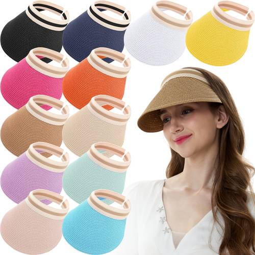 12pcs colorful sun visor hat for women golf bulk summer straw wide brim beach hats 50 adjustable for outdoor