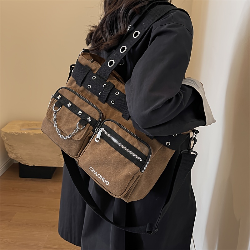 

Nouveau sac fourre-tout à bandoulière en toile gothique de grande avec rivets, sac à bandoulière avec fermeture à glissière, sac à bandoulière tendance, sac de moto