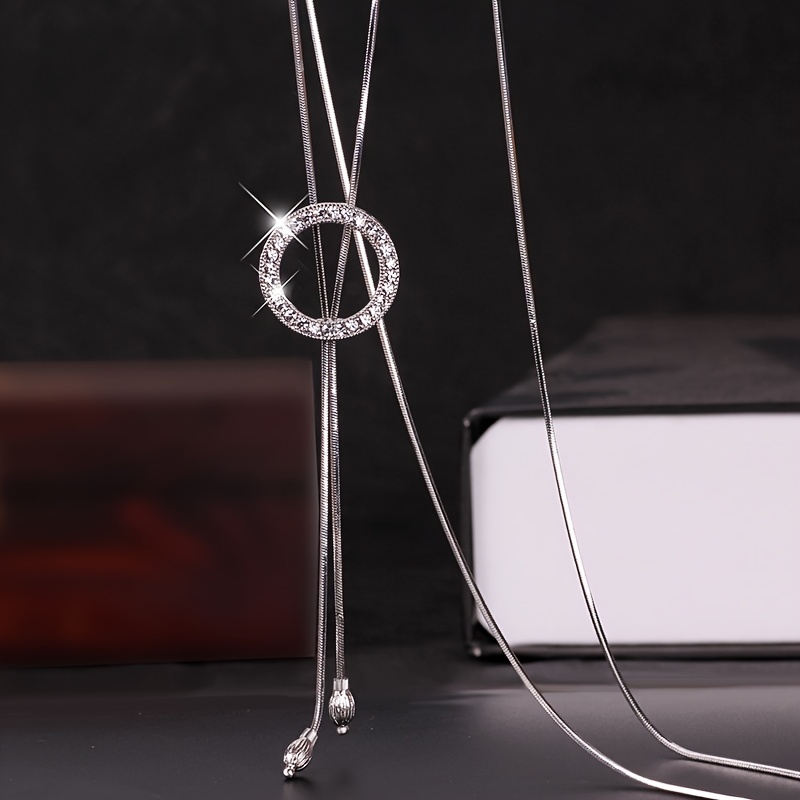 Rhinestone Round Pendant Long Necklace Clothing Accessory