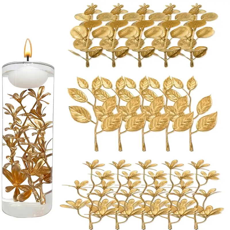 15 künstliche Kerzenblumen * für Schwimmkerzendekorationen, goldene Orchideen-Vasenfüller, goldener Eukalyptus *-Schwimmblumen * für Tischdekorationen, Partys * Restaurantdekor