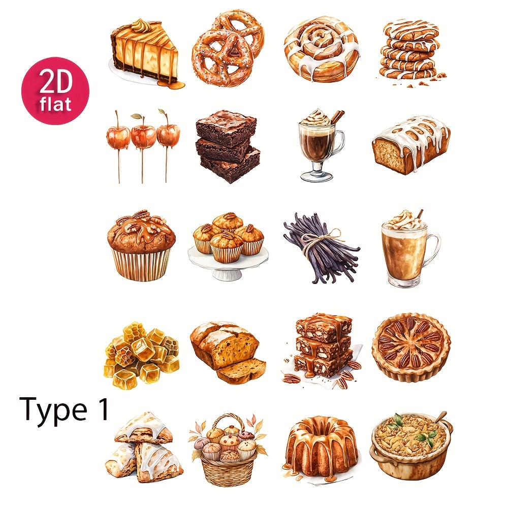 TEMU 2d Flat 1 Pack Retro Dessert Tea Handmade Account Stickers Decoration Cutting Book Diary Album Photos Stationery Stickers School Handmade