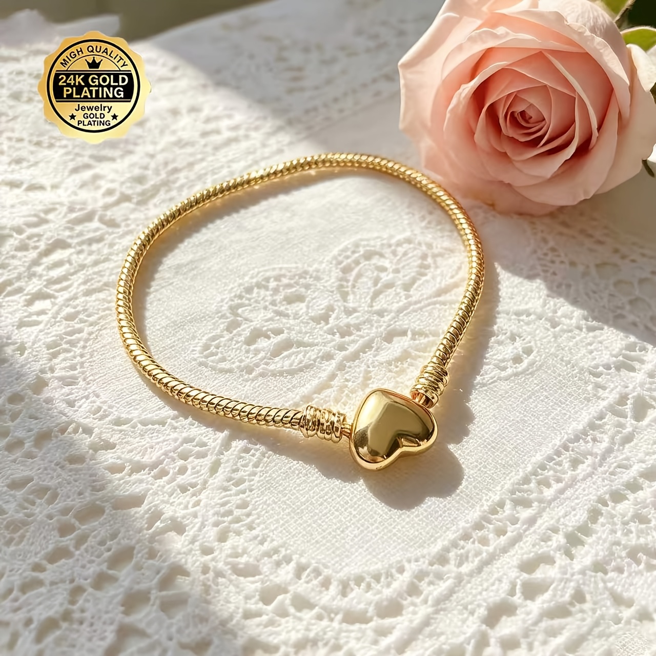 TEMU New Elegant 24k Gold-plated Snake Chain Bracelet With Heart Pendant - Interlocking Chain Design, Durable Daily And Gift Jewelry, Unisex
