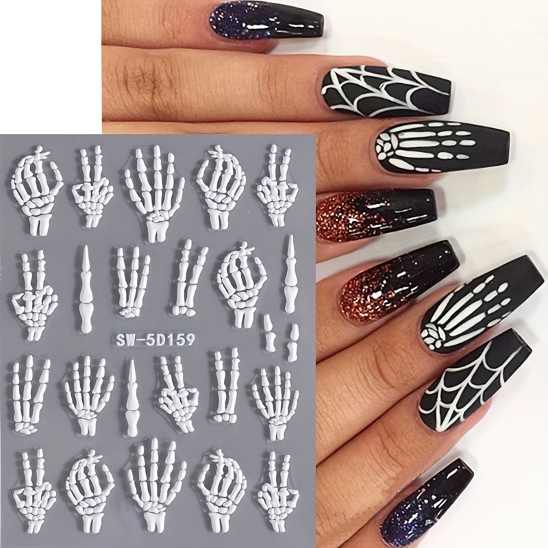 halloween 5d embossed skull hand nail art stickers self adhesive sparkle finish diy manicure decals for festive nail designs nail stickers for nail art nail decorations details 5