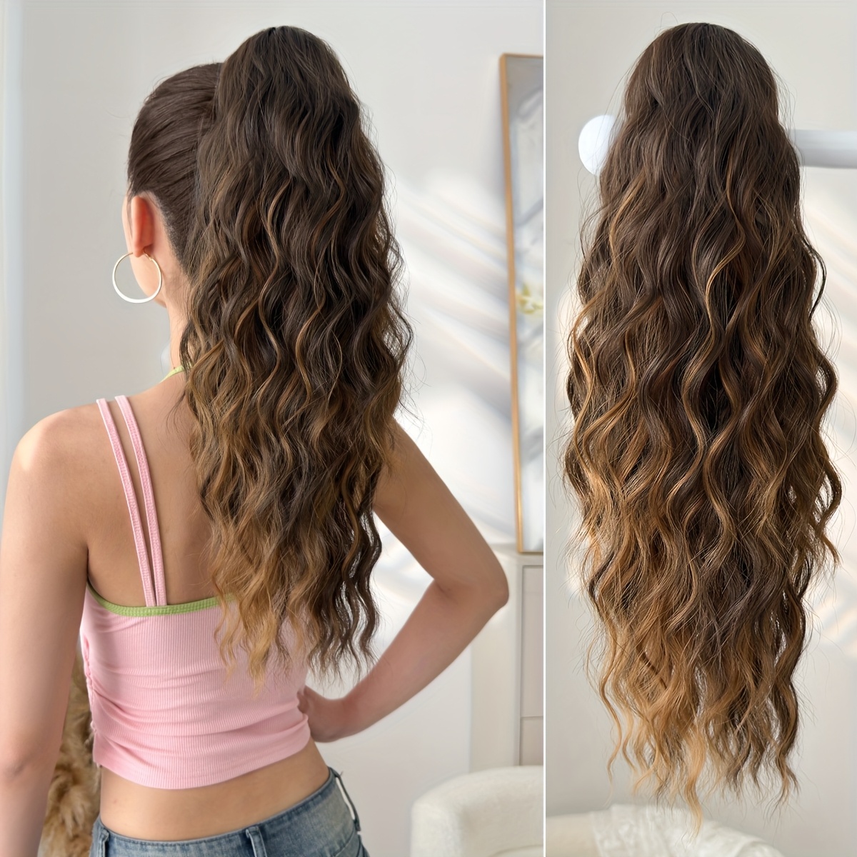 TEMU 20-inch Claw Ponytail Extension With A Short Water , Made From Heat-resistant Synthetic Fibers, Perfect For Women's Everyday Hair Additions