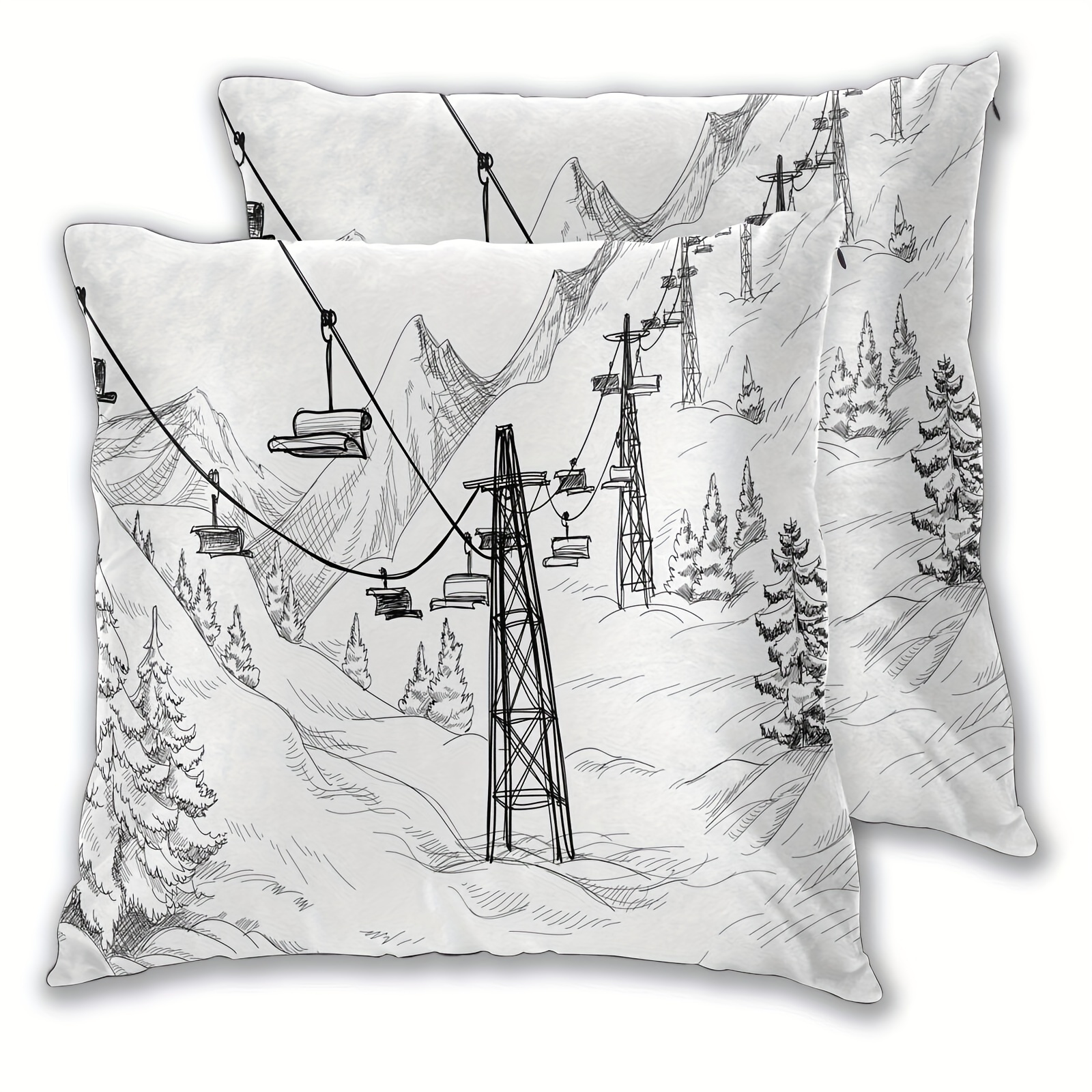 

2pcs, Short Plush Mountain Ski Lift Cushion Covers, 18"x18", Vintage Ski Resort Sketch, Snow Landscape Decorative Throw Pillow Cases, Square Accent, Winter Home Decor (no Pillow Insert)