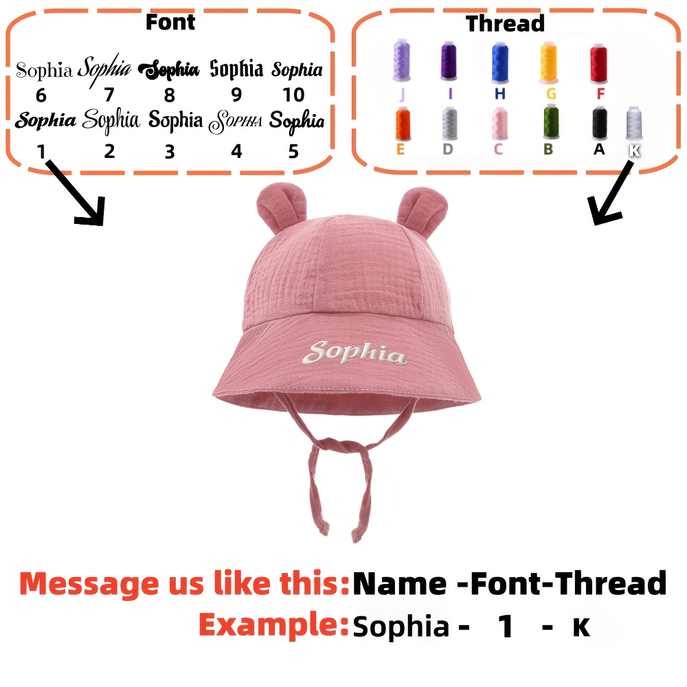 TEMU 1pc Personalized Custom Embroidered Bear Ear Bucket Hat - Adjustable Windproof With Name/text Embroidery Suitable For Outdoor, Travel,, Casual