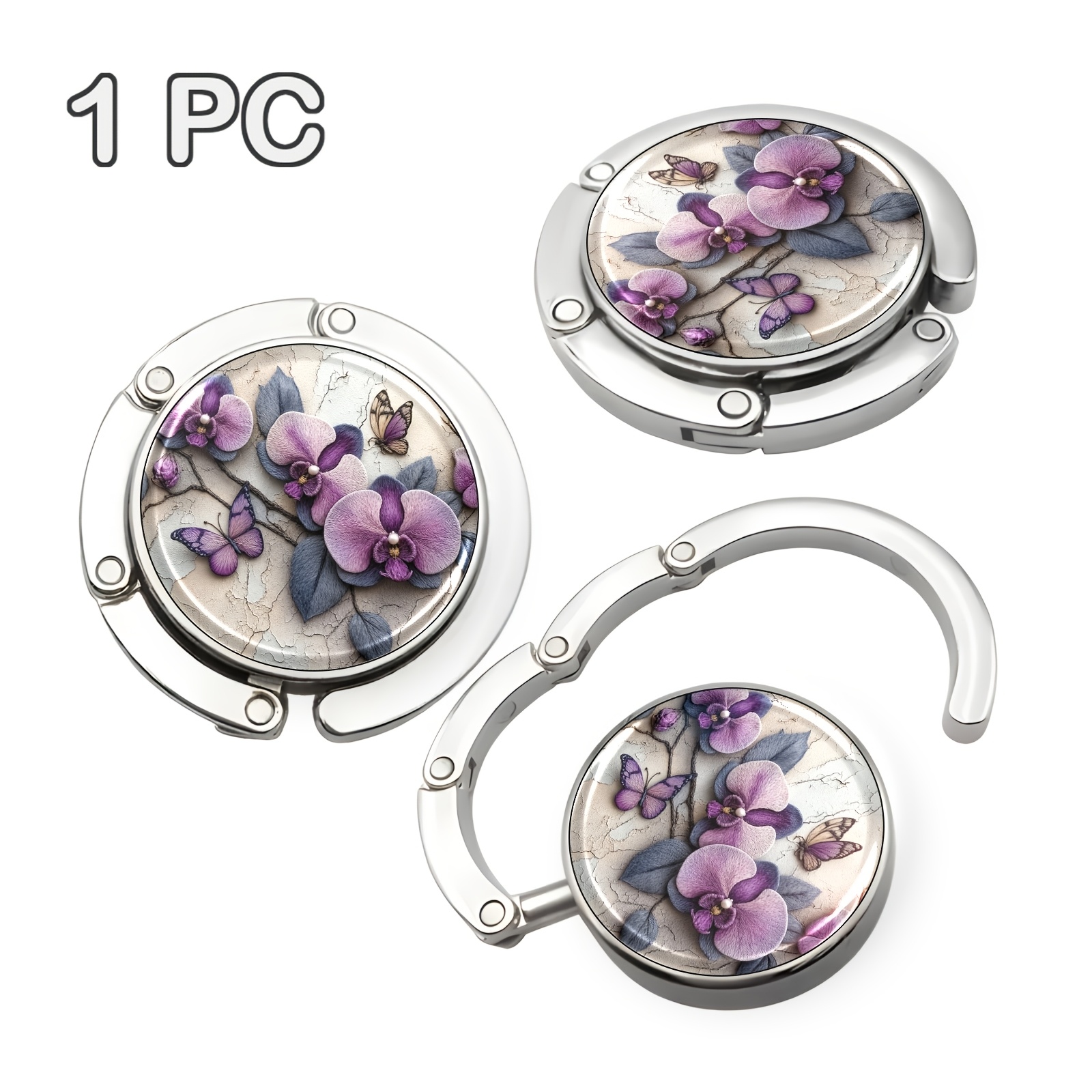 TEMU Gancho portátil elegante con diseño de orquídeas y mariposas, gancho de almacenamiento plegable para bolso, estilo , con regalo único, regalo de
