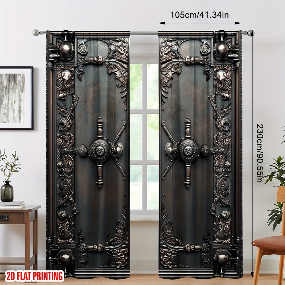 TEMU 2pcs 2d Flat Printing Black Curtains Black Door Pattern Printed Curtains Suitable For Bedroom Kitchen Dining Room Living Room Study Office