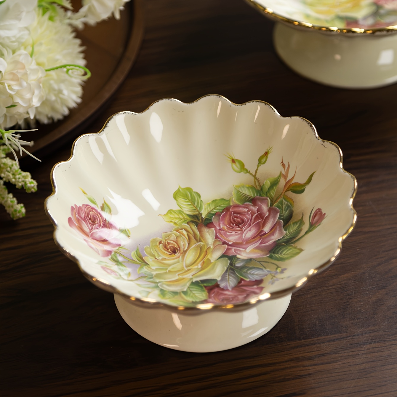 Image of A Handcrafted European And Ceramic Bowl With Exquisite Rose Inlay Pastry Plate, Wavy Edge, Tall Fruit Plate, Home Art Piece, 2025 Christmas Gift From East