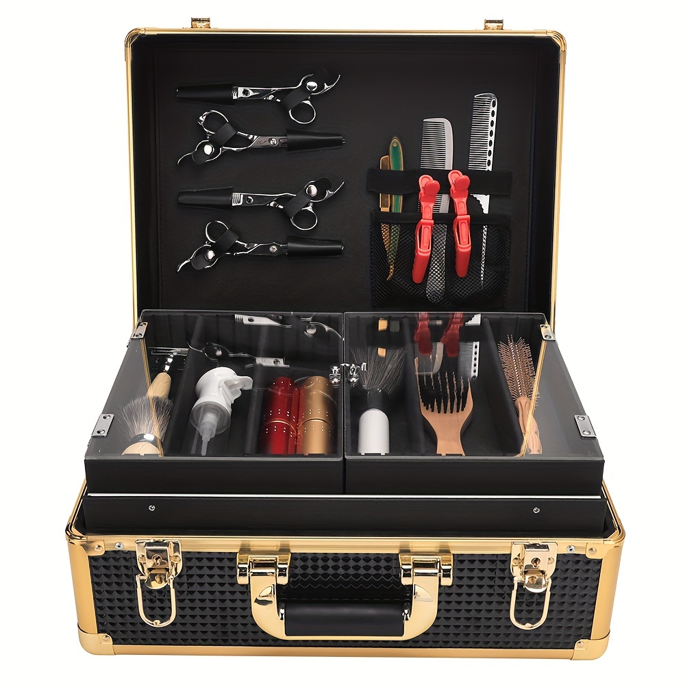 professional hair styling kit luxurious golden and black travel case for hairdressers includes scissors combs brushes and more details 5