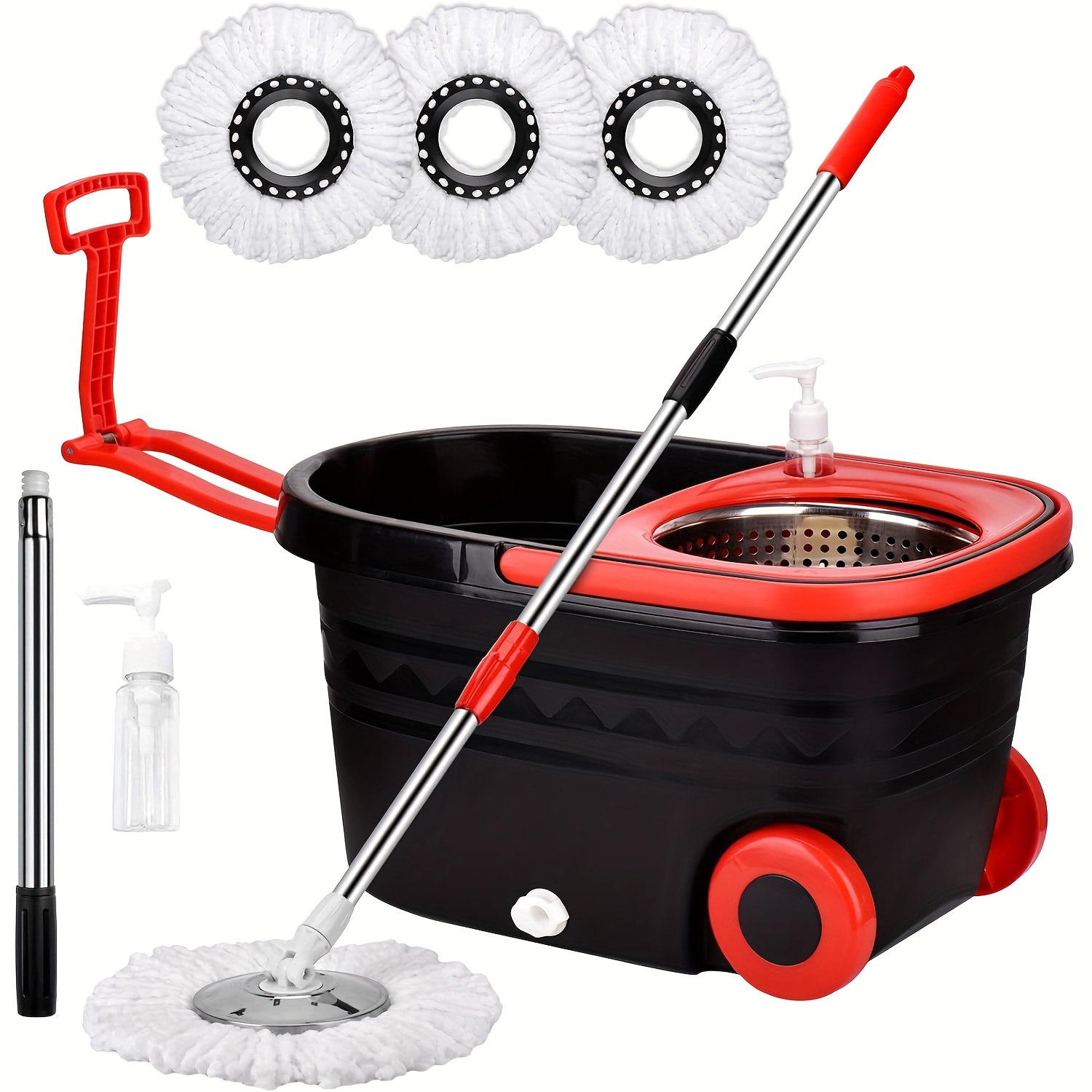 TEMU Mop Bucket Set, Spin Mop And Bucket And Wringer Set, Mop With 3 Microfiber Mop Replacement Heads And 61in Stainless Steel Adjustable Handle For Bicycle Cleaning Tools, Bicycle Care Tools