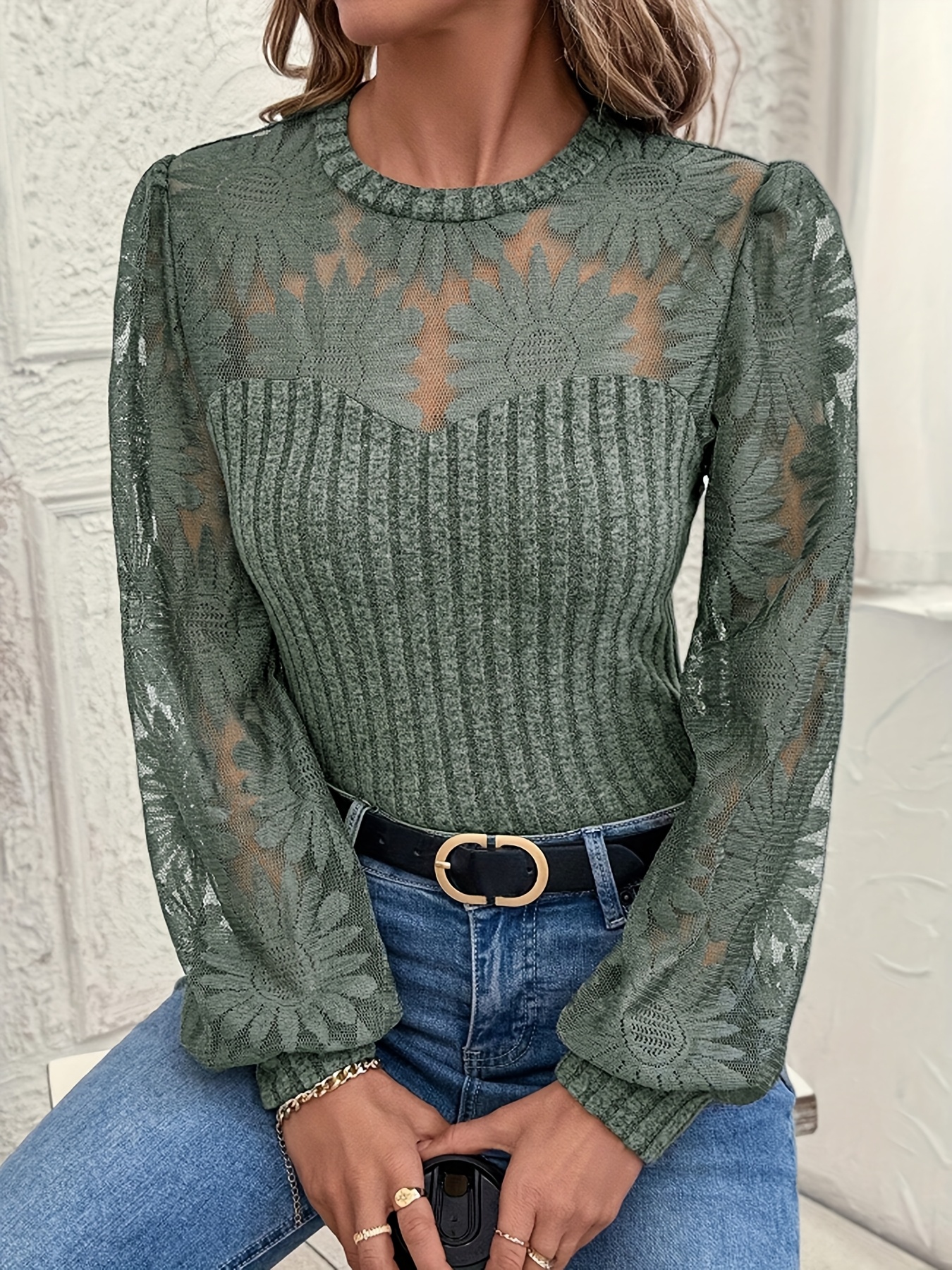 womens casual striped lace top lantern sleeves round neck Temu