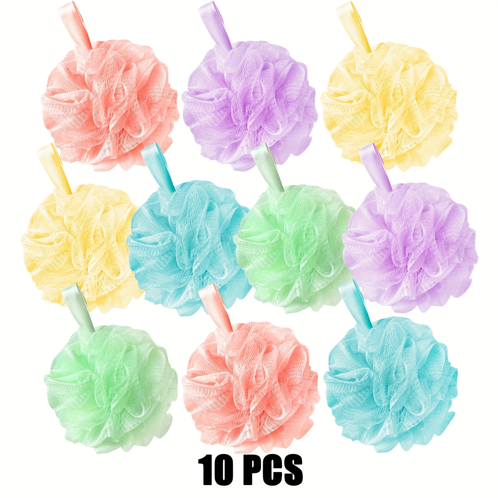 TEMU Lot de 10 Luffas de Douche Colorées - Boules d'Eponge en Douce avec Poignées à Ruban, Gommages Exfoliants pour Hommes et Femmes, Accessoires de