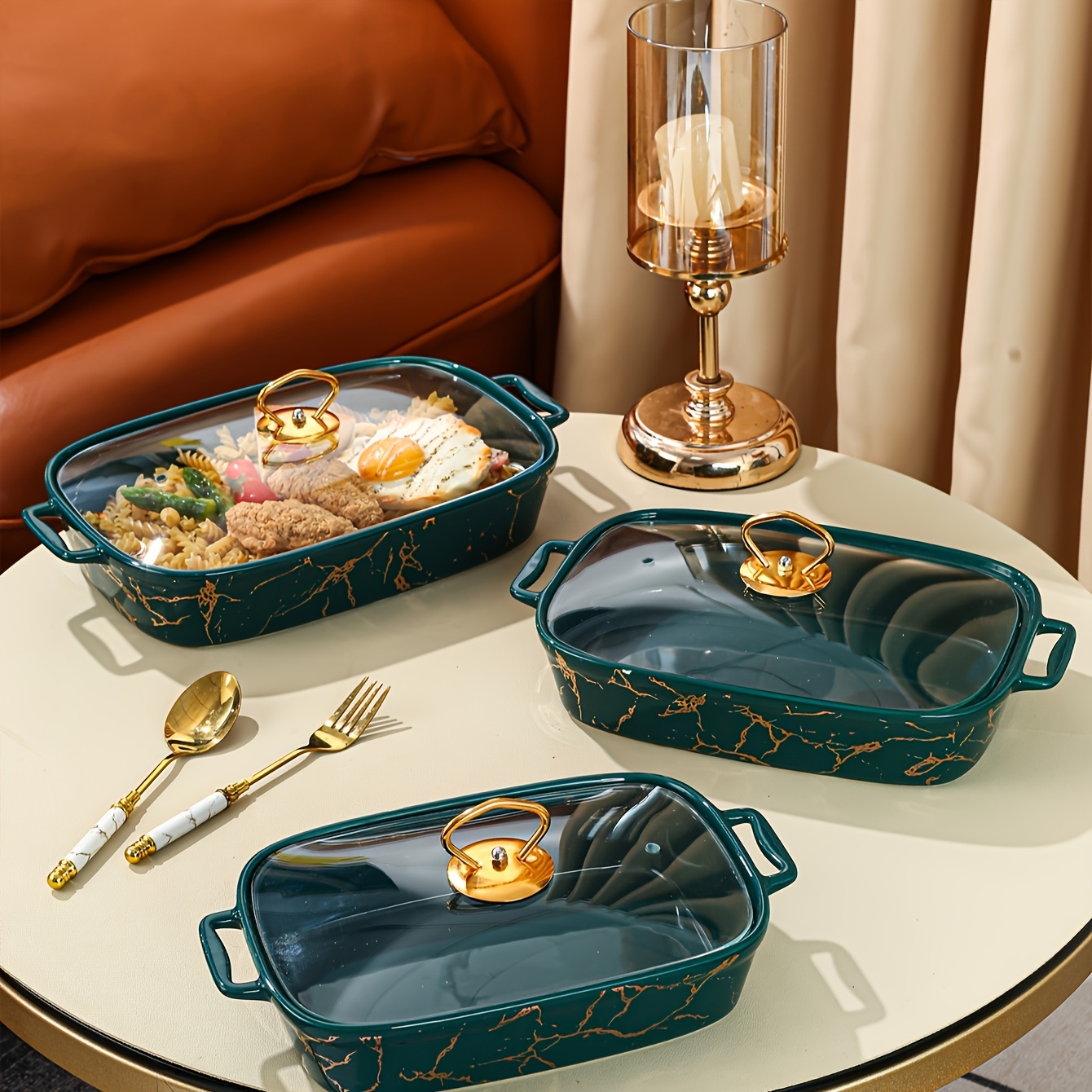 Nordic Golden Pattern Rectangular Ceramic Soup Pot with Lid And Double Ears Dry Pot Large Medium Small Green