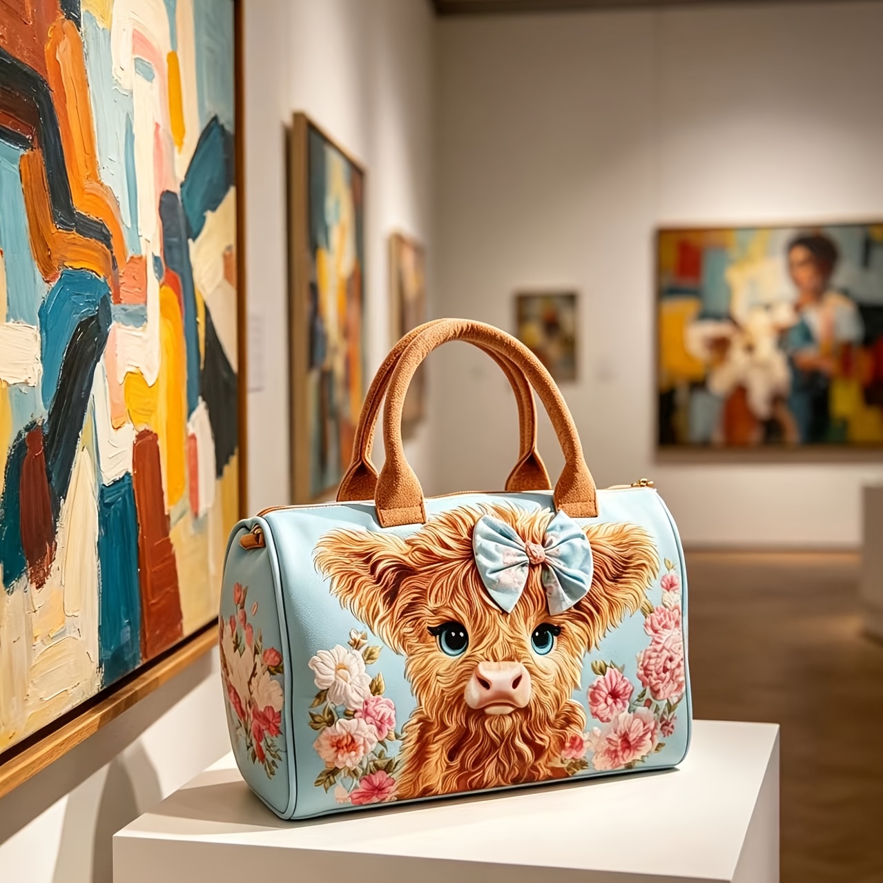 Bohemian-style Scottish Cow Print Flat Quilted Tote Bag, Shoulder Bag, , Animal Design, Comfortable Fabric Suitable For Travel, , Beach Photos, , Symbolizing Great Success And .