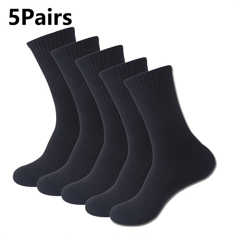 

5 Pairs Of Men's Solid Color Anti Odor & Sweat Absorption Crew Socks, Comfy & Breathable Socks, For Daily And Outdoor Wearing, All Seasons Wearing