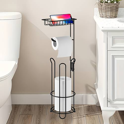 1pc vertical tissue holder 23 6 inches high stand up toilet paper rack with shelf toilet paper storage mobile phones personal items shelf toilet bathroom black utility racks valentines day new year mothers day gift