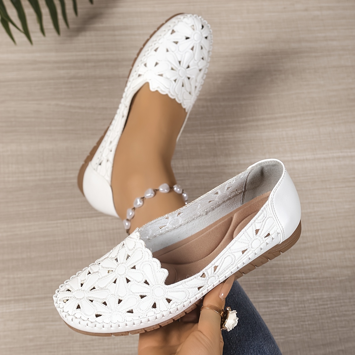 womens fashionable cut out slip on flats lightweight comfortable   shoes with decorative lace design white and beige   casual attire casual footwear   flat synthetic upper comfortable shoes details 8