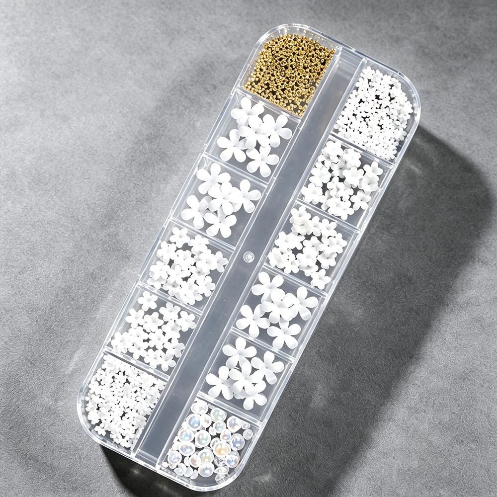 TEMU Kit de 12 grilles de breloques à ongles en résine 3D de fleur, décorations à ongles de à 5 pétales de tailles mélangées, dos plat blanc, perles