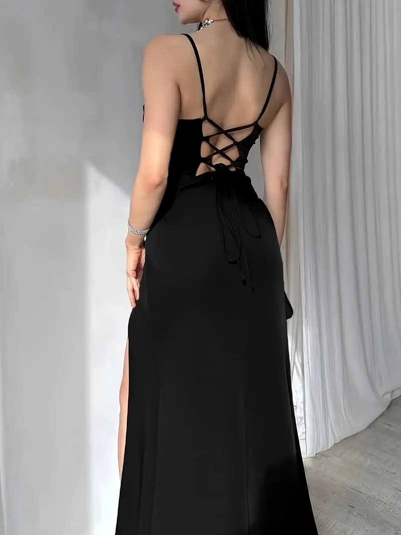 cross back high split satin maxi slip dress Cross Back High Split Satin Maxi Slip Dress